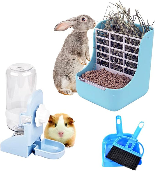 HERCOCCI PET Feeder and Water Bottle Set, Large Blue (500ml), Durable Hay Food Bin Feeder, Food Bowl, Gravity-Fed Water Dispenser for Rabbit, Guinea Pig, Chinchilla