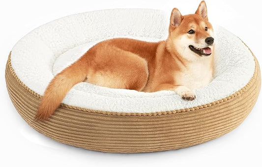 Love's cabin Round Donut Cat and Dog Cushion Bed, 36in Pet Bed for Cats or Small Dogs, Anti-Slip Water-Resistant Bottom, Super Soft Durable Fabric Pet beds, Washable Cat Dog Bed Stripe Camel