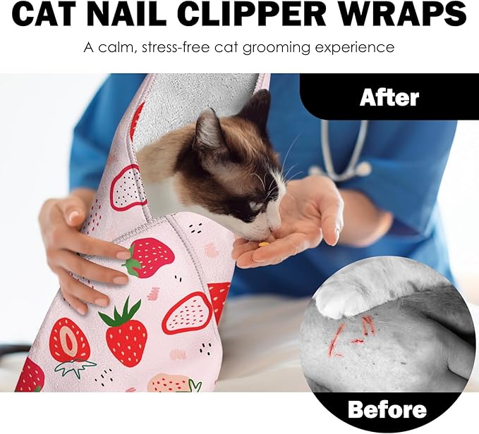 27.6" Cat Grooming Wrap, Self Adhesive Cat Wrap for Cutting Nails, Anti-Escape Calming Cat Swaddle Wrap for Medicine Ear Cleaning, Strawberry Anti-Scratch Cats Burrito Restraint Blanket, Pet Tool