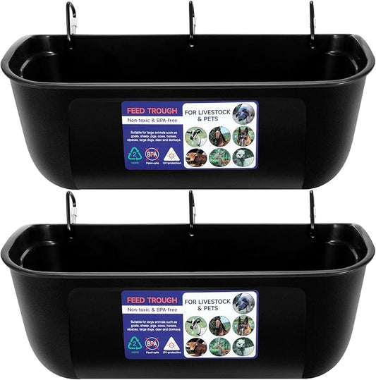 Goovilla Large Feed Trough, Hanging or Screw-in Fence Feeder with Clips, 2 Pack 9 Quart Goat Feeder Supplies, Dog Horse Hog Pig Livestock Poultry Plastic Feeder Trough Bucket for Large Animal, Black