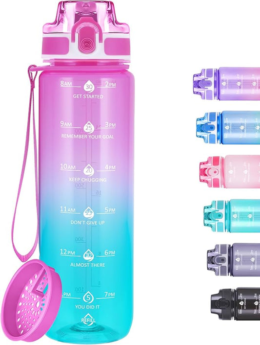 32oz Motivational Water Bottles with Time Marker & Fruit Strainer, Transparent Gradient Color Water Bottle with Times to Drink, Leakproof & BPA Free, Reusable Bottle with Strap (No Straw)
