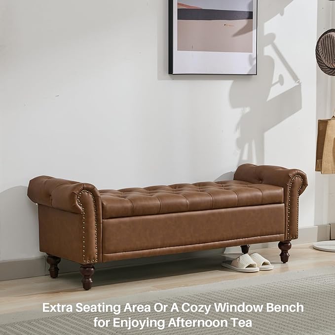 58.1'' Storage Bench Upholstered PU Leather End of Bedroom Bed Bench Ottoman with Tufted Cushioned Rolled Arm Large Storage Space for Reading Living Room Entryway, Brown