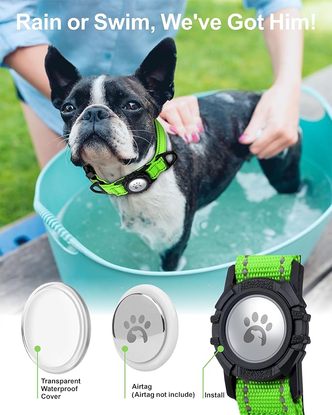 TagME Airtag Dog Collar,Waterproof Reflective Pet Collar with Airtag Holder,Soft Padded and Double D-Rings for Small Dogs,Green