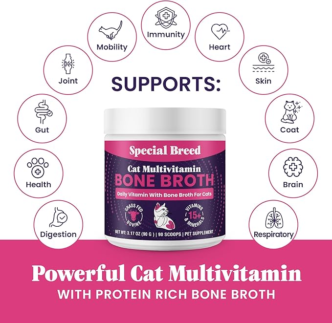 Cat Multivitamin with Grass-Fed Beef Bone Broth – Daily Supplement for Immune, Joint, Skin, Coat & Gut Health – Omega 3s, Lysine, Beta Glucan, Vitamins A-E, C, D – 90 Day Supply – No Fillers