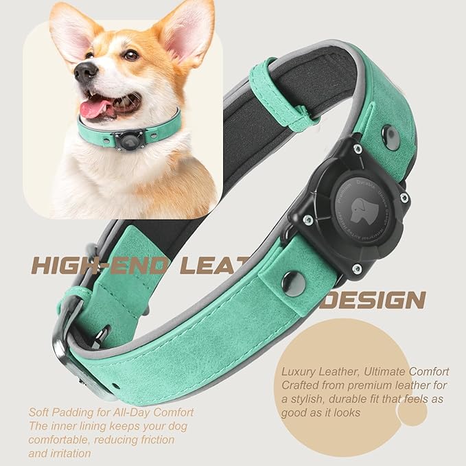 AirTag Dog Collar - Leather Dog Collar with Air Tag Holder | IPX8 Waterproof, Reflective, High - End, Adjustable Soft Padded | Dog GPS Tracker Collars Fit for Medium Large Dogs (Teal, L)
