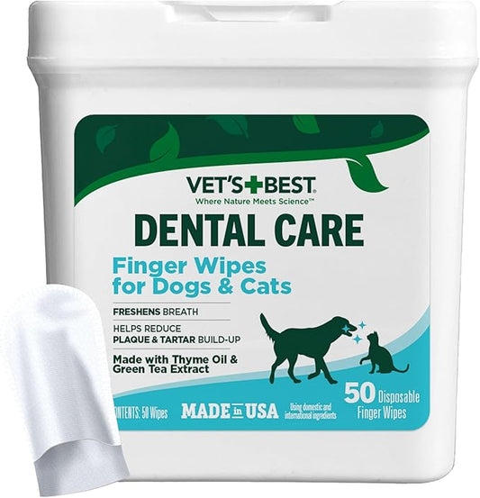 Vet's Best Finger Dental Wipes for Dogs and Cats – Oral Care Wipes for Teeth Cleaning, Fresh Breath, and Tartar Control – Gentle Finger Pads for Pet Dental Hygiene and Plaque Removal – 50 Count