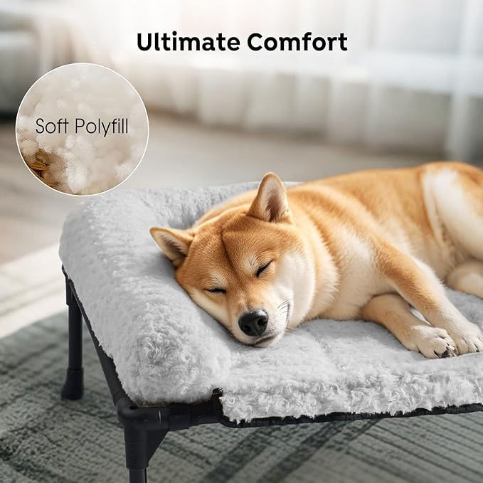 Veehoo Cooling Elevated Dog Bed Add Removable Deluxe Rose Plush Bolster Cushion Mat, 41" x 27" Washable Dog Couch Bed, Raised Pet Cot with Breathable Teslin Mesh, No-Slip Feet, Grey, CWC2439B