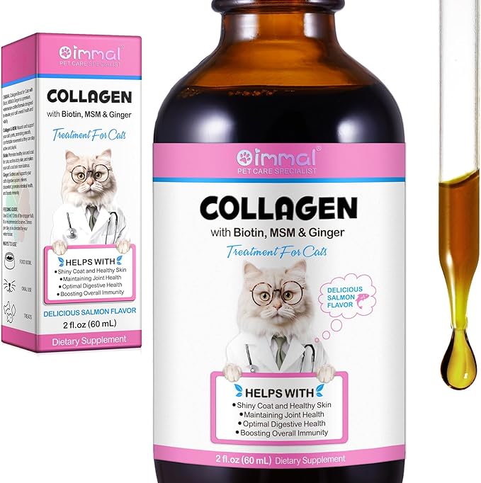 Collagen for Cats, Daily Liquid Collagen Drops for Cats with Allergies, Biotin, Vitamin C and Hyaluronic Acid, Improves Mobility Skin and Coat Health, Itch Relief for Cat, Salmon Flavor, 60ML