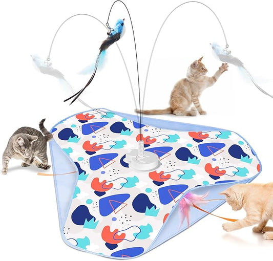 Interactive Cat Toys, Rechargeable Hide and Seek Cat Toys, Durable Stable Base Touch Activated Kitten Toy with Bird Cat Wand, Waving Concealed Feather Exercise Toy for Indoor Bored Cats/Kitten