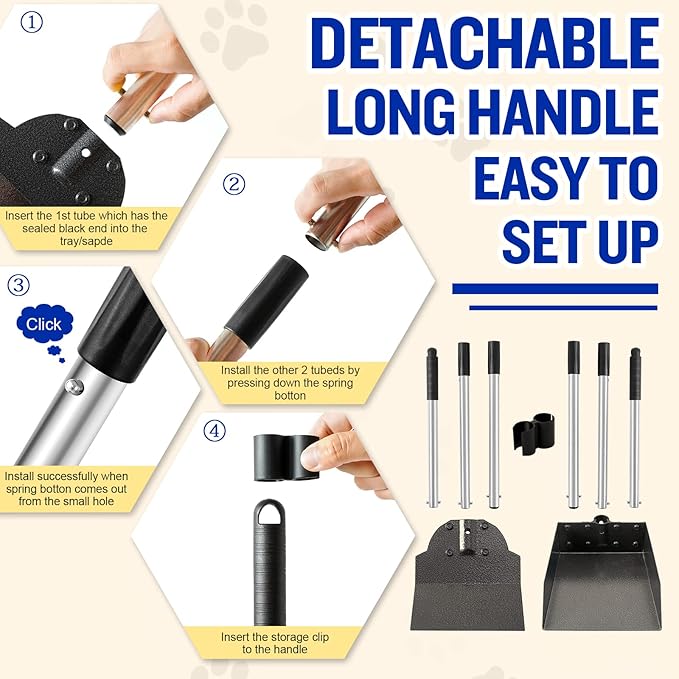 Pooper Scooper for Large Dogs, Adjustable Long Handle Metal Tray and Spade Poop Scooper for Dogs with Bin for Pet Waste Removal, No Bending Clean Up Pooper Scooper for Medium and Large Dogs