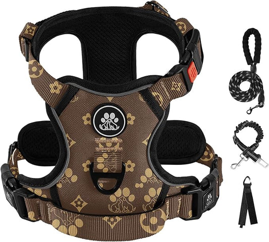 IVY&LANE No Pull Dog Harness with Leash Set, Reflective No Choke Pet Vest,Adjustable Oxford Dog Vest Harness with Easy Control Handle for Medium Dogs (Dark Brown,M)