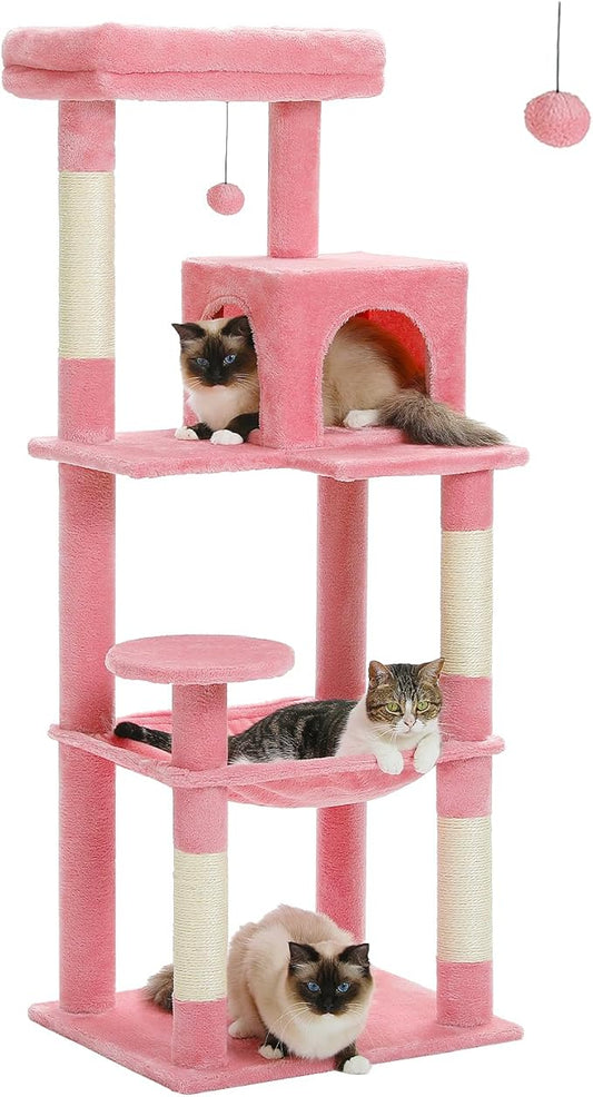 Cat Tree for Large Cats with Metal Plush Big Hammock, 56.3" Cat Tower for Indoor Cats with 2 Door Condo House, 6-Tier Cat Shelves with Scratching Posts and Large Top Perch, Pink