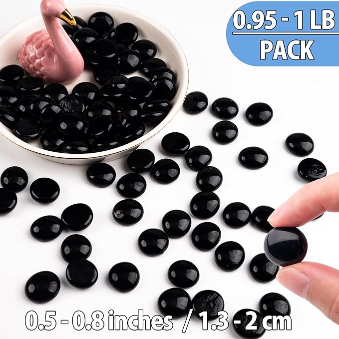 Black Glass Marbles, 0.97 LB Flat Glass Beads for Vases, Mosaic Gem Pebbles for Aquarium Decor, Floral Arrangements Vase Filler Smooth Mancala Stones and Crafts Approx. 80-100PCS