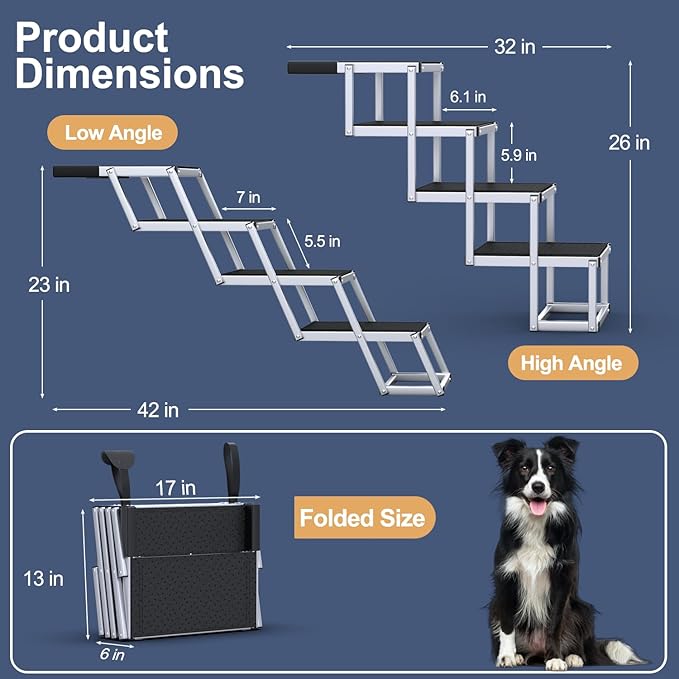 Dog Stairs for Car, Foldable Dog Ramp for Car with Non-Slip Surface, Portable Stairs Aluminum SUV, High Beds, Truck, Supports up to 150 lbs, 4 Steps