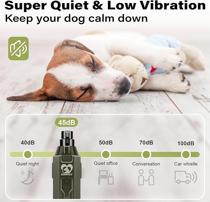 Casfuy 6-Speed Dog Nail Grinder - Newest Enhanced Pet Nail Grinder Super Quiet Rechargeable Electric Dog Nail Trimmer Painless Paws Grooming & Smoothing Tool for Large Medium Small Dogs (Army Green)