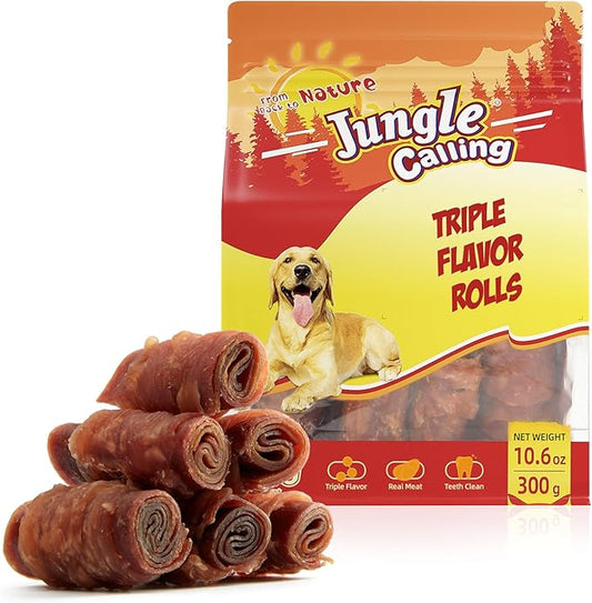 Jungle Calling Triple Flavor Rolls Dog Treats, Made with Real Chicken Duck Beef Meat, Rawhide Free Dogs Snacks,Healthy, Easily Digestible, and High Protein Treat, 10.6 oz