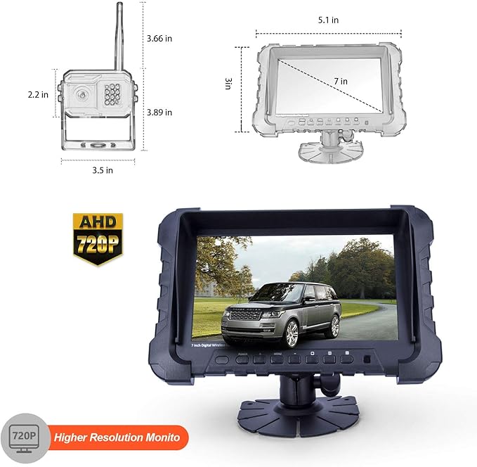 Yuwei Digital Wireless Backup Camera System,YW-77214 Dual HD 720P Camera Wireless Reverse System with Night Vision and Wide Viewing Angles, 7inch Wireless Monitor Split Screen for Trailer, RVs, Ca