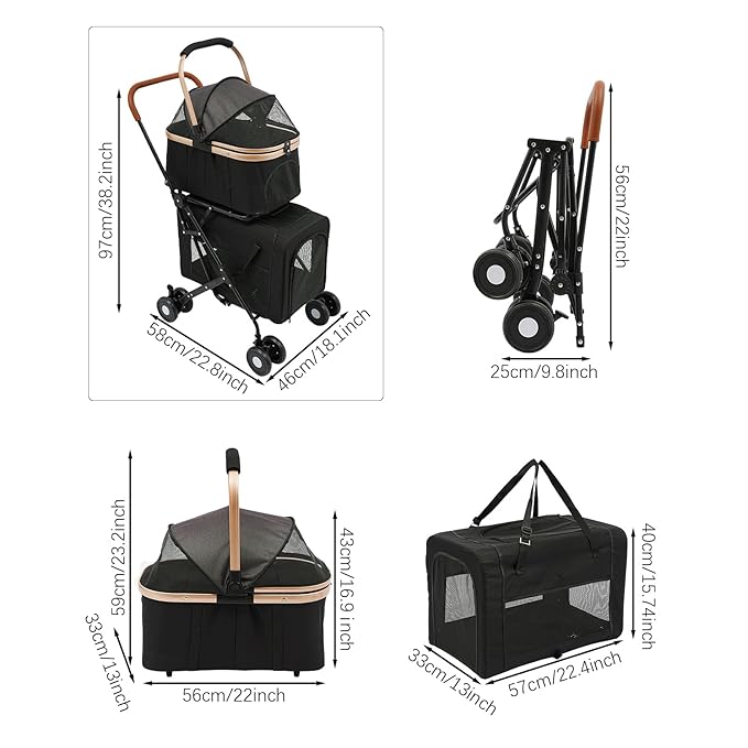 2-Layers Pet Stroller for 2 Cats/Dogs,Foldable Lightweight 77lbs Capacity Carrier, 4 Wheels, Removable Basket & Storage Pocket,for Small Pets (Black)