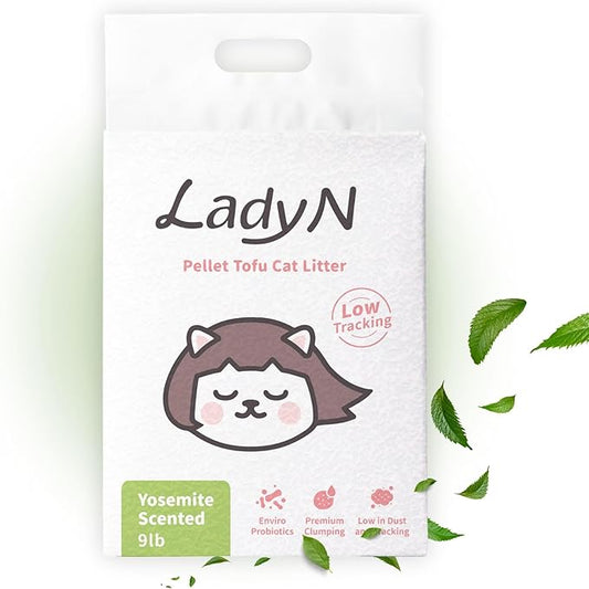 Lady N Pellet Tofu Cat Litter Yosemite Woody Scent, Strong Clumping, Ultra Absorbent, Dust-Free Low Tracking, Water-Soluble, Natural Ingredients, Enviro-Probiotic for Odor Control 9lb