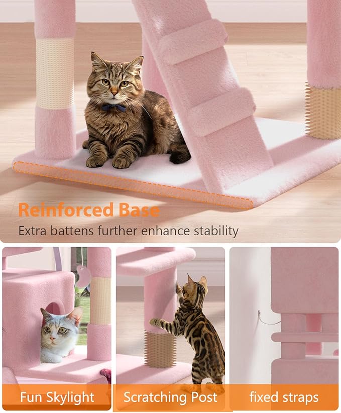 54" Cat tree Tower for Indoor Cats Large Adult,Cute/Tall Modern Cat Tree for Big Cats 20 lbs,Plush Multi-Level Cat Condo with Scratching Posts, Dangling Ball for fun play (Soft Pink, 54 inch)