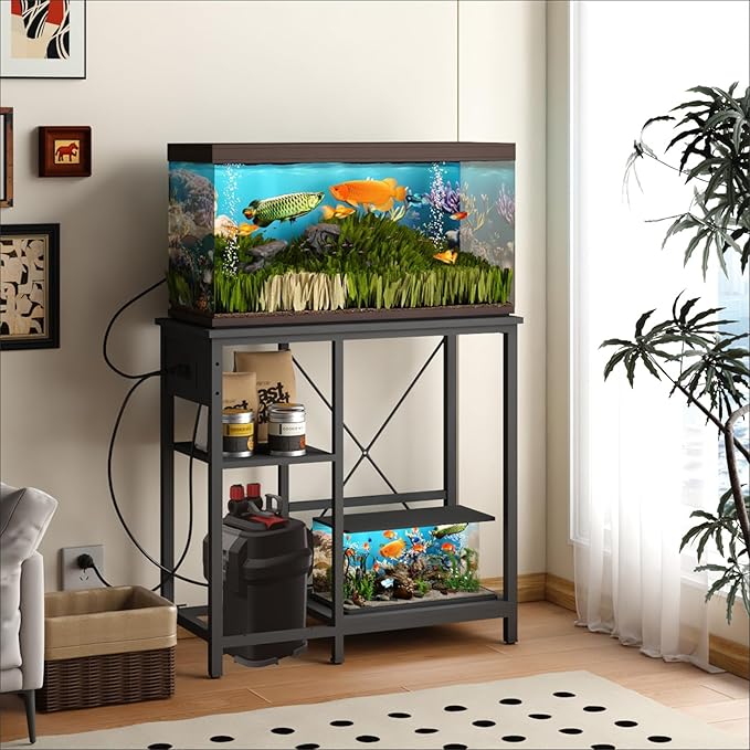 20-29 Gallon Fish Tank Stand with Power Outlet & LED Light, Metal Aquarium Stand with 3 Tier Adjustable Storage Shelves, Tank Stand for Reptile Tank, Turtle Tank, 30.7" L*13.8" W, Black