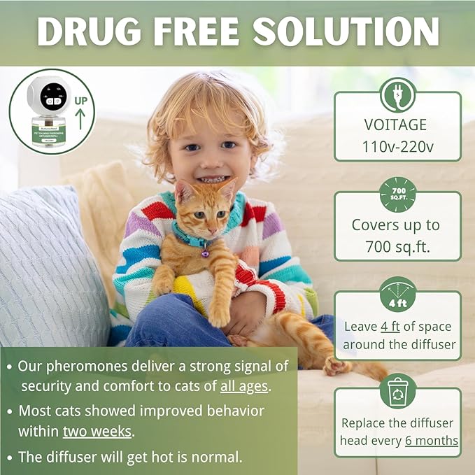 Cat Calming Pheromones Diffuser Kit with Timer – 2 Plug-Ins + 4 Refills (48ml) – 4-Level Timing – Stress Relief for Cats – Helps with Hiding, Scratching, Urine Marking, Travel, Vet Visits