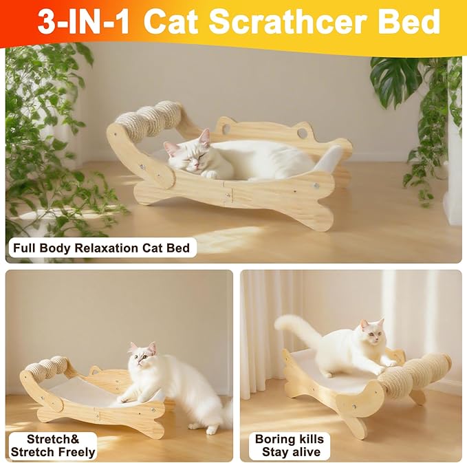 Cat Scratcher Bed for Indoor Cats | 3-in-1 Scratching Post & Hammock Lounge with Wooden Perch, No-Tip Stable Base for Small/Medium/Large Cats ，Durable Scratch Pad & Cat Furniture (Easy Assembly)