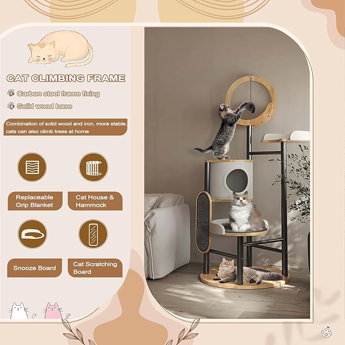 Cat Tree, 66In Cat Tower with Scratching Post, Tall Multi-Level Cat Houses for Indoor Cats Large Adult, Cute Cat Post Cat Condos with Dangling Ball,Plush Platform, Hammock, Big Cats Climbing Tower