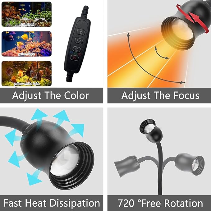 Aquarium Focus Light for Open Fish Tank Indoor LED Light Big Clip Lamp Adjustable Focus (White-Yellow with Timer)