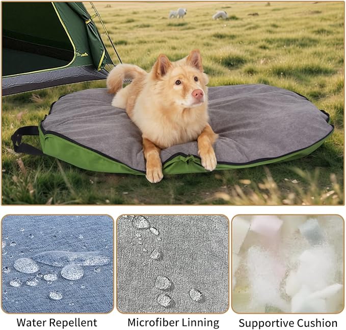 Portable Waterproof Dog Mat for Camping, Patio & Travel - Foldable Outdoor Dog Bed with Teflon Shell & Removable Plush Pad - Easy Clean, Durable - S (Khaki)