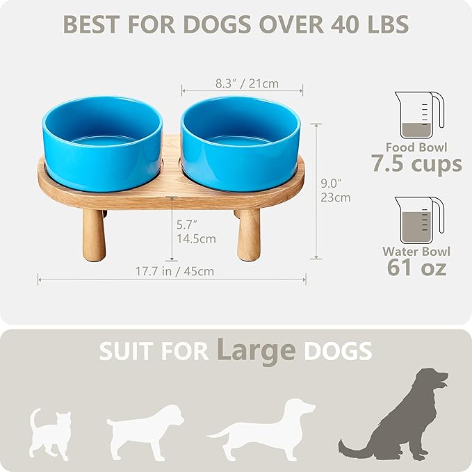 Ceramic Elevated Dog Bowls, Pet Food and Water Bowl Set for Large Dogs, 7.5 Cups Dog Bowls Raised with Wood Stand, 61OZ, Blue