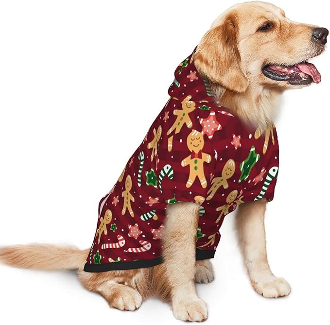 Christmas with Gingerbread Men, Candies Hoodie,Christmas Cosplay Dog Clothes with Pocket and Hat Winter Clothes Sweaters Small