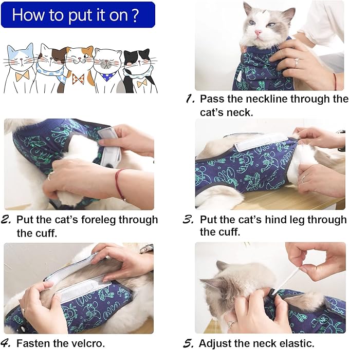 Cat Surgery Recovery Suit Cat Onesie for Cats After Surgery for Surgical Abdominal Wound Or Skin Diseases E-Collar Alternative Wear Neutering Bodysuit Wear (Dark-Blue-L)