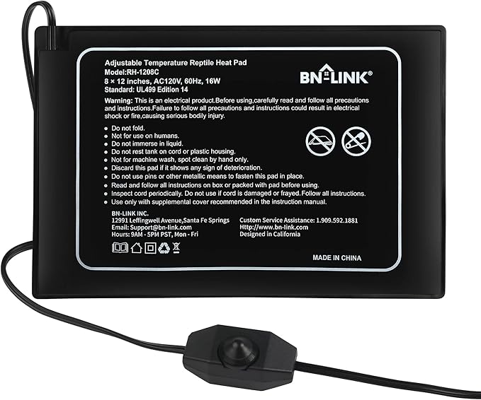 BN-LINK Reptile Heating Pad 8" X 12" with Adjust Knob, Adjustable Temperature Electric Indoor Under Tank Terrarium Heating Mat Waterproof for Turtles, Lizards, Frogs, and Other Reptiles