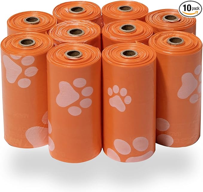 Best Pet Supplies Dog Poop Bags (150 Bags) for Waste Refuse Cleanup, Doggy Roll Replacements for Outdoor Puppy Walking and Travel, Leak Proof and Tear Resistant, Thick Plastic - Orange