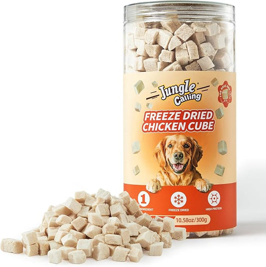 Jungle Calling Freeze Dried Chicken Cat & Dog Treats, Single Ingredient Chicken Bites for Cats & Dogs, High Protein Pet Training Treats, Edible Organic Food Topper, 10.58 oz
