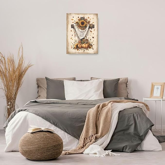 Christian Fall Wall Art Autumn Rustic Cross Sunflower Pumpkin Wall Decor Fall for Jesus He Never Leaves Pictures Painting Print Framed Artwork Decorations Gifts for Living Room Bedroom Prayer Room Office 16"x20"