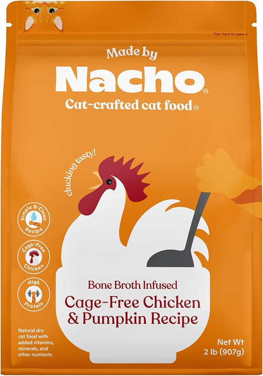 Made by Nacho Dry Cat Kibble 2lb Bag, High Protein and Grain-Friendly Premium Cat Food, Cage-Free Chicken & Pumpkin Recipe, Infused with Bone Broth for Hydration, Limited Ingredients, Single Bag