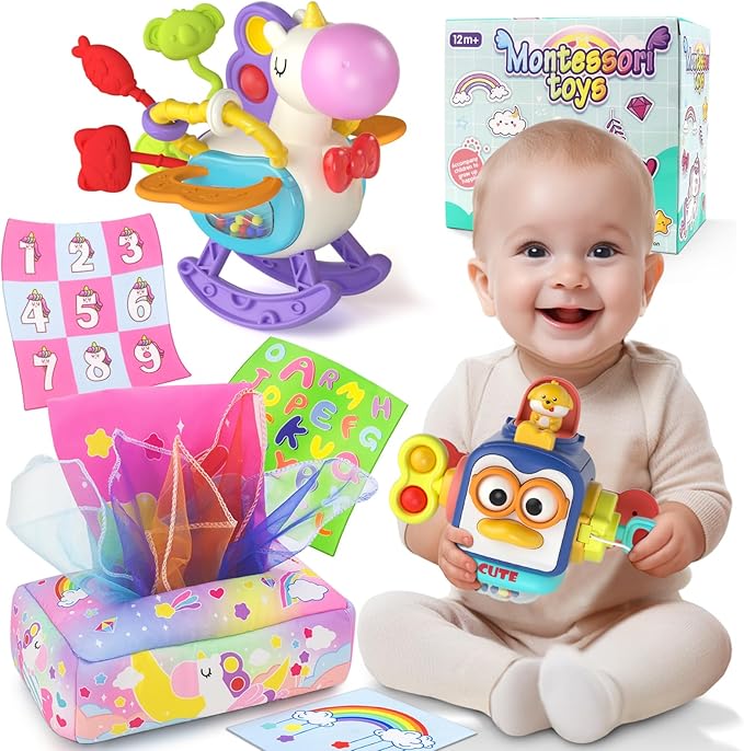 3 in1 Baby Toys 12 to 18 Months - Busy Board Sensory Toys, Tissue Box Toy, Pull String Teether, Learning Toy for Babies, Infant Gifts for 12 18 Months Old
