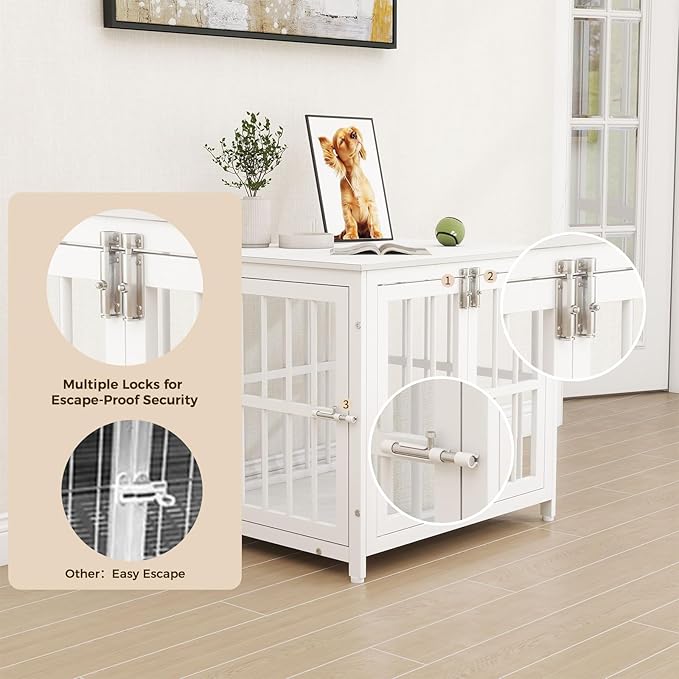 26 Inch Heavy Duty Wooden Dog Kennel End Table with Double Door Design and Secure Locks, Indoor Pet Crate Furniture for Small Dogs, Decorative Home Cage Design,White