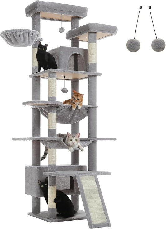 81" Heavy Duty Cat Tree for Large Cats up to 20lbs - Extra Tall Cat Tower with Metal Frame Hammock, 6 Sisal Scratching Posts, 2 Perches - Indoor Cat Furniture for Maine Coon, Big Cats, Gray