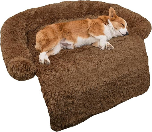 GGIB Calming Dog Bed Fluffy Plush Dog Mat for Furniture Protector with Removable Washable Cover for Large Medium Small Dogs and Cats (Medium, Brown)
