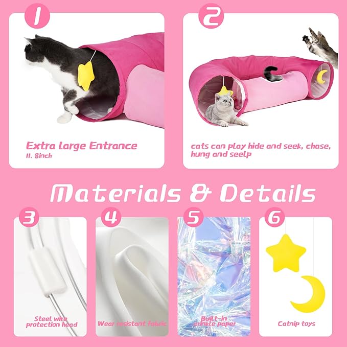 Cat Tunnel, Large Indoor Durable Collapsible Interactive Cat Tube with Peek-A-Boo Hole, Hanging Toys, and Crinkly Paper Lining - Cute Tunnel for Cats, Kittens, Puppies & Rabbits, Pink