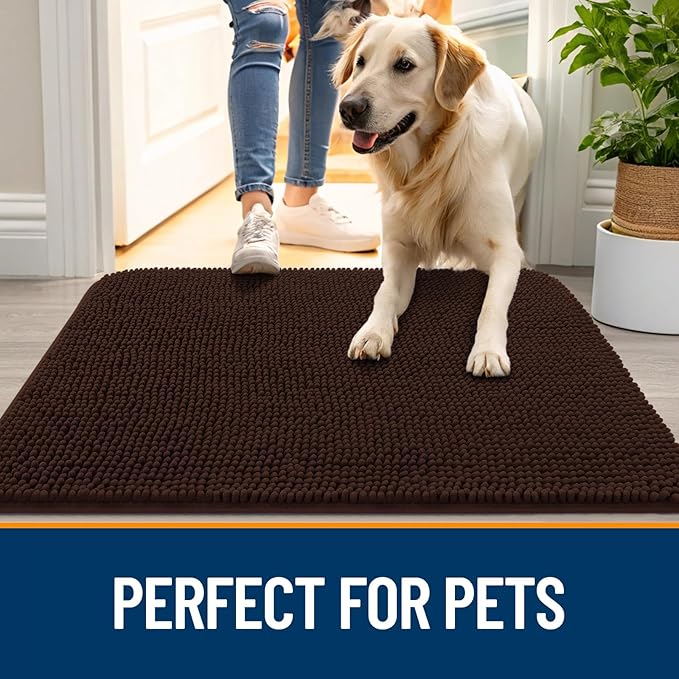 OLANLY Dog Door Mat for Muddy Paws 44x32, Absorbs Moisture and Dirt, Absorbent Non-Slip Washable Doormat, Quick Dry Chenille Mud Mat for Dogs, Entry Indoor Entryway Carpet for Inside Floor, Brown