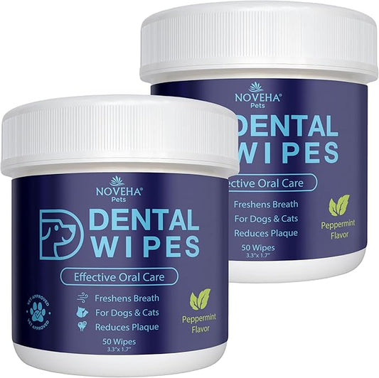 NOVEHA Pets Dental Finger Wipes for Dogs & Cats | Freshens Breath, Reduces Plaque | Healthier Gums | Clean Teeth No Toothbrush | Vet Recommended Effective Natural Oral Care (100 pcs, Mint)