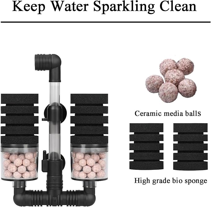 AQUANEAT Aquarium Air Powered Sponge Filter with Ceramic Media Balls, for Betta Fry Shrimp Fish Tank, with 2 Spare Sponges, Small