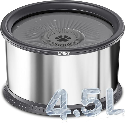 UPSKY 4.5L Dog Water Bowl,Large Capacity No Spill Dog Water Bowl,Stainless Steel Spill Proof Slow Water Feeder,No Splash Water Bowl with Anti-Slip Mat for Messy Drinkers Grey