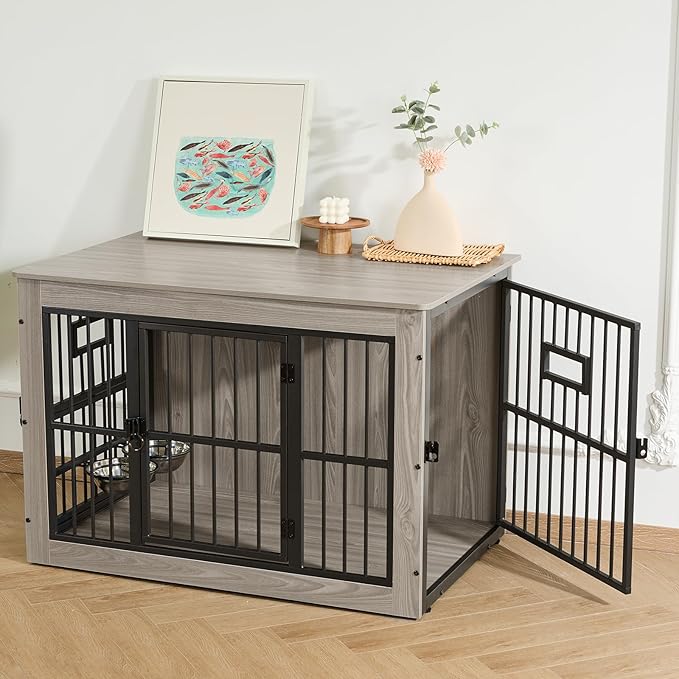 Gardner Pet Dog Crate Furniture for Medium Dogs, 38.8 Inch Dog Kennel Indoor, Wooden Dog Cage End Table with 2 Removable Bowls, Heavy Duty Dog Crate, Rustic Grey