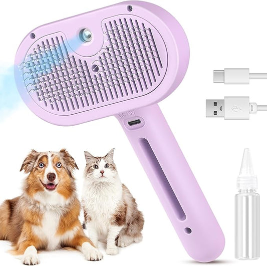 3 in 1 Cat Steam Brush, Pet Spray Hair Removal Comb for Shedding & Grooming, Water Brush for Cats Dogs Small Animals Long Short Haired with One-Click Release Button(Purple)