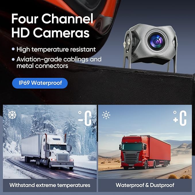 4-Channel 1080P Backup Camera for Truck/RV/Semi Trailer/Van/Cars 10.2inch Touch Monitor with DVR Recording/Playback/Bluetooth/FM Radio/Music/Video Player